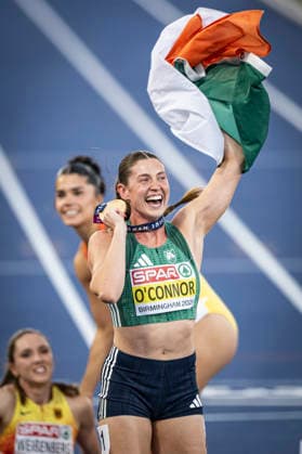RECORD DATE NOT STATED 15th August 2026; Alexander Stadium, Birmingham, Midlands, England; 2026 European Athletics Championships, Day Six; Kate O Connor (IRL) celebrates winning the womens heptathlon GodfreyxPitt