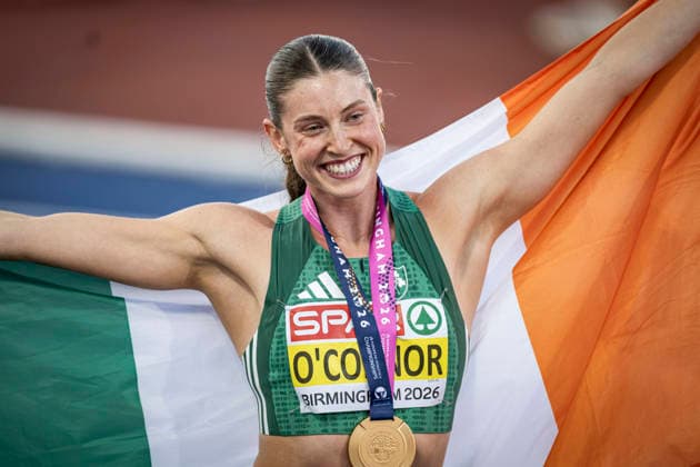 RECORD DATE NOT STATED 15th August 2026; Alexander Stadium, Birmingham, Midlands, England; 2026 European Athletics Championships, Day Six; Kate O Connor (IRL) celebrates winning the womens heptathlon GodfreyxPitt