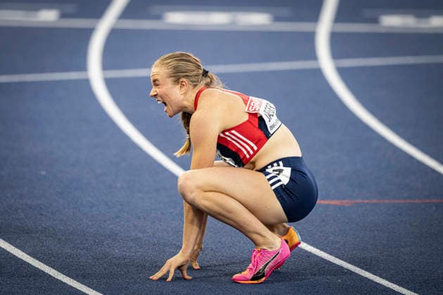 RECORD DATE NOT STATED 15th August 2026; Alexander Stadium, Birmingham, Midlands, England; 2026 European Athletics Championships, Day Six; Henriette Jaeger (NOR) celebrates winning the womens 400m GodfreyxPitt