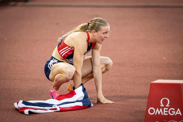 RECORD DATE NOT STATED 15th August 2026; Alexander Stadium, Birmingham, Midlands, England; 2026 European Athletics Championships, Day Six; Henriette Jaeger (NOR) takes a breather as she celebrates winning the womens 400m GodfreyxPitt
