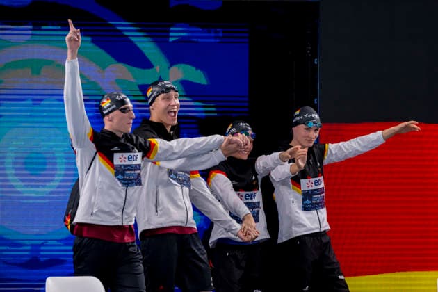 France, Paris, Centre Aquatique Olympique Metropole du Grand Paris, 15.08.2026, European Aquatics Championships, Day 16 - Final Session, 4x200m Freestyle Mixed Relay, Germany, Linda Roth, SC Magdeburg, Lukas Maertens, Jarno Baeschnitt, Team Bochum and Maya Tobehn, Dresdner SC, Photo by Eibner Pressefoto Tino Henschel European Aquatics Championships, Day 16 - Final Session Paris *** France, Paris, Centre Aquatique Olympique Metropole du Grand Paris, August 15, 2026, European Aquatics Championships, Day 16 Final Session, 4x200m Freestyle Mixed Relay, Germany, Linda Roth, SC Magdeburg, Lukas Maertens, Jarno Baeschnitt, Team Bochum, and Maya Tobehn, Dresdner SC, Photo by Eibner Pressefoto Tino Henschel European Aquatics Championships, Day 16 Final Session, Paris Copyright: xEibnerxPressefotox
