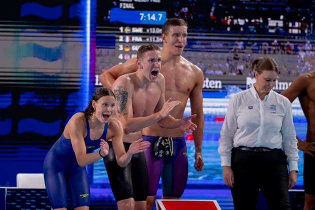 France, Paris, Centre Aquatique Olympique Metropole du Grand Paris, 15.08.2026, European Aquatics Championships, Day 16 - Final Session, 4x200m Freestyle Mixed Relay, Germany, Linda Roth, SC Magdeburg, Lukas Maertens, Jarno Baeschnitt, Team Bochum and Maya Tobehn, Dresdner SC, Photo by Eibner Pressefoto Tino Henschel European Aquatics Championships, Day 16 - Final Session Paris *** France, Paris, Centre Aquatique Olympique Metropole du Grand Paris, August 15, 2026, European Aquatics Championships, Day 16 Final Session, 4x200m Freestyle Mixed Relay, Germany, Linda Roth, SC Magdeburg, Lukas Maertens, Jarno Baeschnitt, Team Bochum, and Maya Tobehn, Dresdner SC, Photo by Eibner Pressefoto Tino Henschel European Aquatics Championships, Day 16 Final Session, Paris Copyright: xEibnerxPressefotox