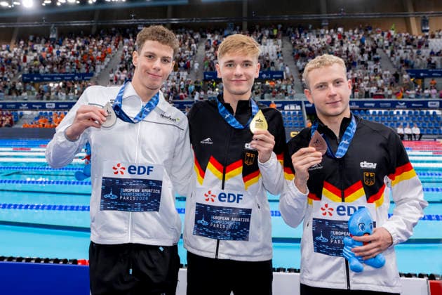 France, Paris, Centre Aquatique Olympique Metropole du Grand Paris, 15.08.2026, European Aquatics Championships, Day 16 - Final Session, Zalan Sarkany, Hungary, Johannes Liebmann, SC Magdeburg and Oliver Klemet, SG Frankfurt, Photo by Eibner Pressefoto Tino Henschel European Aquatics Championships, Day 16 - Final Session Paris *** France, Paris, Centre Aquatique Olympique Metropole du Grand Paris, August 15, 2026, European Aquatics Championships, Day 16 Final Session, Zalan Sarkany, Hungary, Johannes Liebmann, SC Magdeburg, and Oliver Klemet, SG Frankfurt, Photo by Eibner Pressefoto Tino Henschel European Aquatics Championships, Day 16 Final Session, Paris Copyright: xEibnerxPressefotox