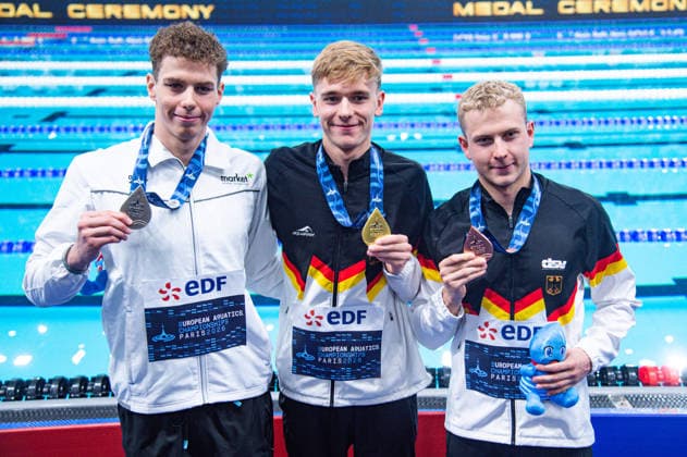 NATATION : Championnat d europe de natation 2026 - PARIS - 15 08 2026 Johannes Liebmann (GER) Oliver Klemet (GER) Zalan Sarkany (HUN) Saint DenisFrance  Copyright: xBaptistexAutissierx