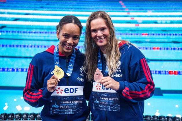 NATATION : Championnat d europe de natation 2026 - PARIS - 15 08 2026 Mary Ambre Moluh (FRA) Pauline Mahieu (FRA) Saint DenisFrance  Copyright: xBaptistexAutissierx