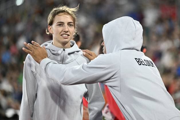 Belgian athlete Merel Maes and Athletics coach Fernando Oliva pictured during the women s high jump final contest on the sixth day of the European Athletics Championships (August 10-18) in Birmingham, United Kingdom, on Saturday 15 August 2026. ERICxLALMAND  x183475377x