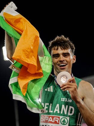 2026 European Athletics Championships, Alexander Stadium, Birmingham, England 15 8 2026 Men™s 1500m Final Ireland™s Andrew Coscoran celebrates winning a bronze medal Andrew Coscoran celebrates winning a bronze medal 15 8 2026  Copyright: xx 0U6A7414