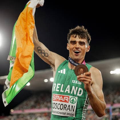 2026 European Athletics Championships, Alexander Stadium, Birmingham, England 15 8 2026 Men™s 1500m Final Ireland™s Andrew Coscoran celebrates winning a bronze medal Andrew Coscoran celebrates winning a bronze medal 15 8 2026  Copyright: xx 0U6A7416