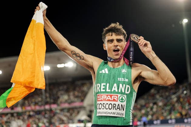 2026 European Athletics Championships, Alexander Stadium, Birmingham, England 15 8 2026 Men™s 1500m Final Ireland™s Andrew Coscoran celebrates winning a bronze medal Andrew Coscoran celebrates winning a bronze medal 15 8 2026  Copyright: xx 0U6A7419