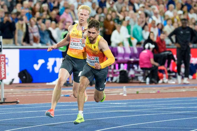 BIRMINGHAM, GREAT BRITAIN - AUGUST 15, 2026 : Marvin SCHULTE (GER Germany) and Heiko GUSSMANN (GER Germany) competing in the 4x100m relay final during the European Athletics Championships at Alexander Stadium on August 15, 2026 in Birmingham, Great Britain. Great Britain Copyright: xLeahxKohringx