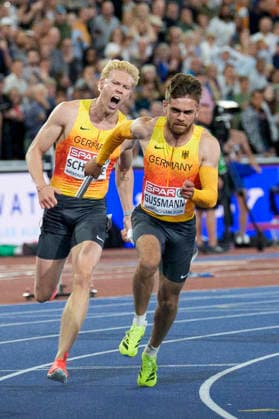 BIRMINGHAM, GREAT BRITAIN - AUGUST 15, 2026 : Marvin SCHULTE (GER Germany) and Heiko GUSSMANN (GER Germany) competing in the 4x100m relay final during the European Athletics Championships at Alexander Stadium on August 15, 2026 in Birmingham, Great Britain. Great Britain Copyright: xLeahxKohringx