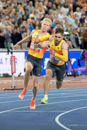 BIRMINGHAM, GREAT BRITAIN - AUGUST 15, 2026 : Marvin SCHULTE (GER Germany) and Heiko GUSSMANN (GER Germany) competing in the 4x100m relay final during the European Athletics Championships at Alexander Stadium on August 15, 2026 in Birmingham, Great Britain. Great Britain Copyright: xLeahxKohringx