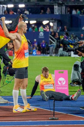BIRMINGHAM, GREAT BRITAIN - AUGUST 15, 2026 : The two germans in the javelin throw final placing first and second: Julian WEBER (GER Germany) and Nick THUMM (GER Germany) during the European Athletics Championships at Alexander Stadium on August 15, 2026 in Birmingham, Great Britain. Great Britain Copyright: xLeahxKohringx