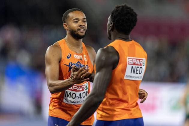 BIRMINGHAM - Xavi Mo-Ajok and Elvis Afrifa after the Men s 4x100 Relay Final on the sixth day of the European Athletics Championships. IRIS VAN DEN BROEK ANP xVIxANPxSportx xxANPxIVx 565562700 originalFilename: 565562700.jpg