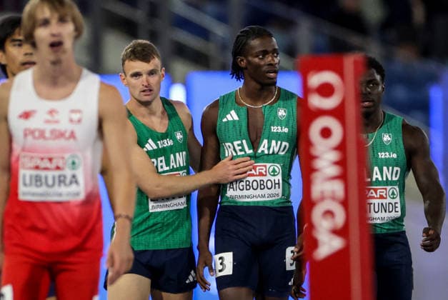 2026 European Athletics Championships, Alexander Stadium, Birmingham, England 15 8 2026 Men™s 4x100m Relay Final The Ireland team dejected after the race 15 8 2026  Copyright: xx 0S9A8366