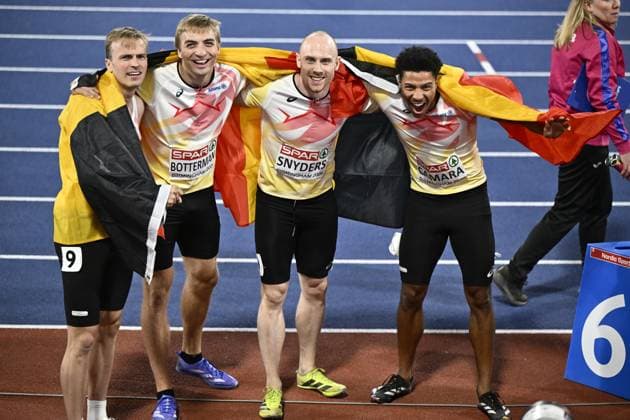 Belgian Simon Verherstraeten; Belgian Emiel Botterman; Belgian Antoine Snyders and Belgium s Ibrahim Camara celebrate after the final of the men s 4x100m relay race, on the seventh day of the European Athletics Championships (August 10-18) in Birmingham, United Kingdom, on Saturday 15 August 2026. Belgian team finished third and won a bronze medal. ERICxLALMAND  x183479357x