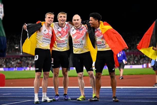 European Athletics Championships Birmingham 2026 - day 6 BIRMINGHAM, ENGLAND - AUGUST 15 : Verherstraeten Simon (BEL), Camara Ibrahim (BEL), Snyders Antoine (BEL), Botterman Emiel (BEL) celebrating on day 6 of the Birmingham 2026 European Athletics Championships on August 15, 2026 in Birmingham, England, 15 08 2026 Birmingham ENGLAND  Copyright: xTomasxSiskx