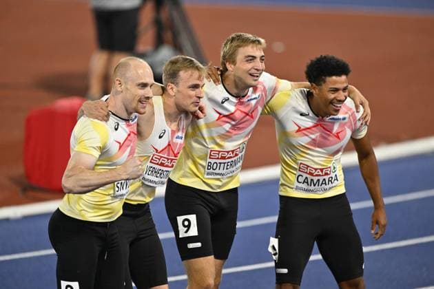 L-R, Belgian Antoine Snyders; Belgian Simon Verherstraeten; Belgian Emiel Botterman and Belgium s Ibrahim Camara celebrate after the final of the men s 4x100m relay race, on the seventh day of the European Athletics Championships (August 10-18) in Birmingham, United Kingdom, on Saturday 15 August 2026. Belgian team finished third and won a bronze medal. ERICxLALMAND  x183479369x