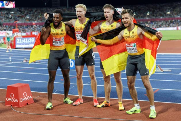BIRMINGHAM, GREAT BRITAIN - AUGUST 15, 2026: 4x100m relays, Silver for Lucas ANSAH-PEPRAH (GER Germany), Kevin KRANZ (GER Germany), Heiko GUSSMANN (GER Germany), Marvin SCHULTE (GER Germany) during the European Athletics Championships at Alexander Stadium on August 15, 2026 in Birmingham, Great Britain. Great Britain Copyright: xAxelxKohringx