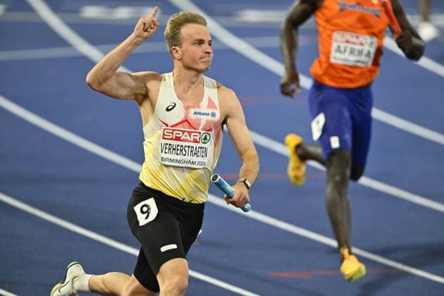 Belgian athlete Simon Verherstraeten celebrates at the final of the men s 4x100m relay race, on the seventh day of the European Athletics Championships (August 10-18) in Birmingham, United Kingdom, on Saturday 15 August 2026. Belgian team finished third and won a bronze medal. ERICxLALMAND  x183479364x