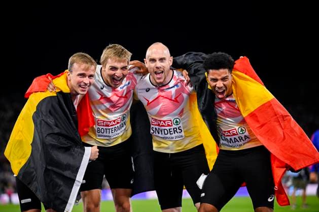 European Athletics Championships Birmingham 2026 - day 6 BIRMINGHAM, ENGLAND - AUGUST 15 : Verherstraeten Simon (BEL), Camara Ibrahim (BEL), Snyders Antoine (BEL), Botterman Emiel (BEL) celebrating on day 6 of the Birmingham 2026 European Athletics Championships on August 15, 2026 in Birmingham, England, 15 08 2026 Birmingham ENGLAND  Copyright: xTomasxSiskx