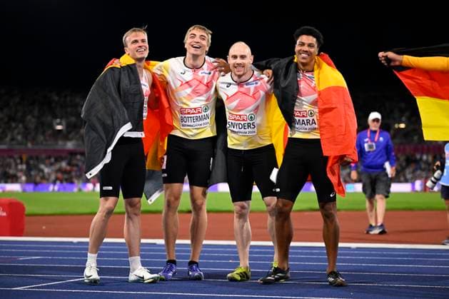 European Athletics Championships Birmingham 2026 - day 6 BIRMINGHAM, ENGLAND - AUGUST 15 : Verherstraeten Simon (BEL), Camara Ibrahim (BEL), Snyders Antoine (BEL), Botterman Emiel (BEL) celebrating on day 6 of the Birmingham 2026 European Athletics Championships on August 15, 2026 in Birmingham, England, 15 08 2026 Birmingham ENGLAND  Copyright: xTomasxSiskx
