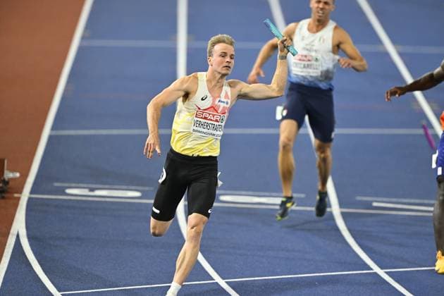 Belgian athlete Simon pictured in action to finish third the final of the men s 4x100m relay race, on the seventh day of the European Athletics Championships (August 10-18) in Birmingham, United Kingdom, on Saturday 15 August 2026. Belgian team finished third and won a bronze medal. ERICxLALMAND  x183479905x