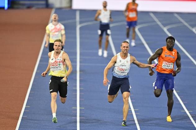 Belgian athlete Simon pictured in action to finish third the final of the men s 4x100m relay race, on the seventh day of the European Athletics Championships (August 10-18) in Birmingham, United Kingdom, on Saturday 15 August 2026. Belgian team finished third and won a bronze medal. ERICxLALMAND  x183479912x