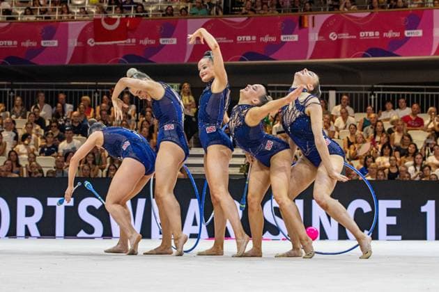 August 15, 2026, Frankfurt, Hesse, Germany: The Great Britain team, comprised of JERSEY AYLWARD, ERIN BYRNE, LOTTIE CAHILL, TALLULAH CRABTREE, and ELISA ROBINSON, competes in the 42nd Rhythmic gymnastics, Rhythmische Sportgymnastik, RSG World Championships group all-around finals in the Festhalle in Frankfurt, Hesse, Germany on Saturday, August 15, 2026. 2026 Rhythmic Gymnastics World Championships Group All-Around Finals  - ZUMAd168 20260815_zsp_d168_003 Copyright: xKaixDambachx
