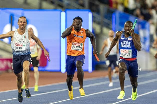 BIRMINGHAM - Elvis Afrifa in action at the Men s 4x100 Relay Final during the sixth day of the European Athletics Championships. IRIS VAN DEN BROEK ANP xVIxANPxSportx xxANPxIVx 565564695 originalFilename: 565564695.jpg