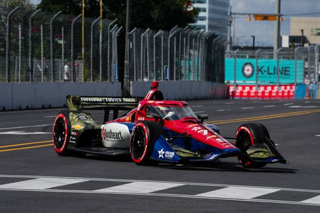 NTT IndyCar, Indy Car, IRL, USA Series Ontario Honda Dealers Indy At Markham - Day2 - Practice Sting Ray Robb, driver of the 77 Juncos Hollinger Racing Chevrolet, drives during practice for the NTT INDYCAR Series Ontario Honda Dealers Indy at Markham on August 15, 2026, in Markham, Ontario, Canada. Markham Ontario Canada  Copyright: xYuanxTianx originalFilename:tian-nttindyc260815_npYIW.jpg