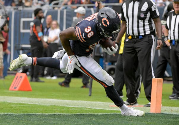 Chicago Bears running back Brittain Brown (38) scores a third quarter touchdown the Cleveland Browns during a preseason game at Soldier Field in Chicago on Saturday, August 15, 2026. The Bears defeated the Brown 34-10.  CHI20260815116 MARKxBLACK