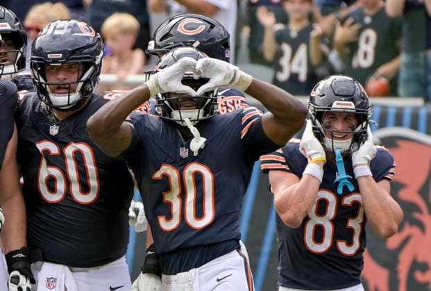 Chicago Bears running back Coleman Bennett (30) celebrates his fourth quarter touchdown against the Cleveland Browns during a preseason game at Soldier Field in Chicago on Saturday, August 15, 2026. The Bears defeated the Brown 34-10.  CHI20260815121 MARKxBLACK