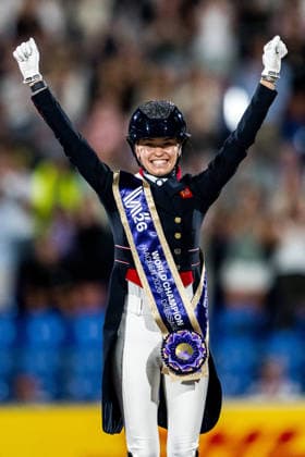 260815 Charlotte Fry of Great Britain celebrates first place on the podium after the Dressage Grand Prix Freestyle during day 5 of the 2026 FEI World Championships on August 15, 2026 in Aachen. Photo: Emma Wallskog BILDBYRAN kod EW EW0684 ridsport equestrian rid-vm 2026 2026 fei world championships bbeng ridsport-vm dressage dressyr kur jubel *** August 15, 2026: Charlotte Fry of Great Britain celebrates her first-place finish on the podium after the Dressage Grand Prix Freestyle on Day 5 of the 2026 FEI World Championships, 2026 in Aachen. Photo by Emma Wallskog. BILDBYRAN code EW EW0684 equestrian sports 2026 World Championships 2026 FEI World Championships BBENG equestrian sports World Championships dressage freestyle celebration  Copyright: EMMAxWALLSKOG BB260815EW160