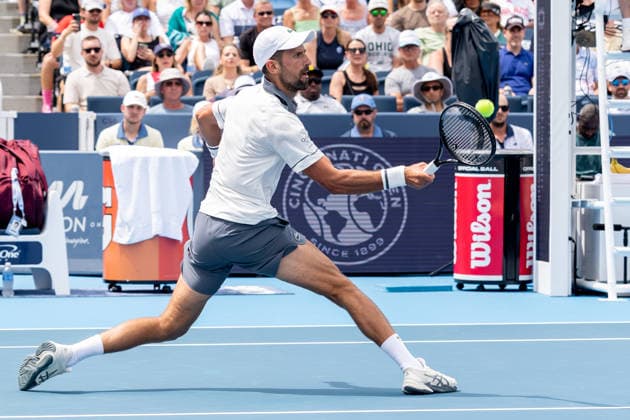 August 15, 2026, Mason, Ohio, U.S: Novak Djokovic (SRB) slide to the net to return a shot during SaturdayÃ¢â‚¬â ¢s second round of the Cincinnati Open at the Lindner Family Tennis Center , Mason, Oh. Mason U.S - ZUMAs304 20260815_zaf_s304_089 Copyright: xScottxStuartx