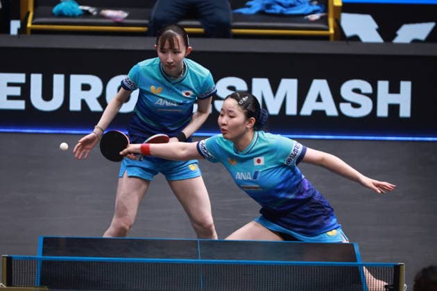 2026 WTT Europe Smash - Sweden - Main Draw - 15 August 2026 - Day 6 Miwa Harimoto and Hina Hayata of Japan compete against Doo Hoi Kem and NG Wing Lam of Hong Kong during the Women s Doubles Final at the 2026 Europe Smash at the Malmo Arena in Malmo, Sweden, on August 15, 2026. Malmo Sweden  Copyright: xRemyxGrosx originalFilename:gros-europesm260815_npC13.jpg