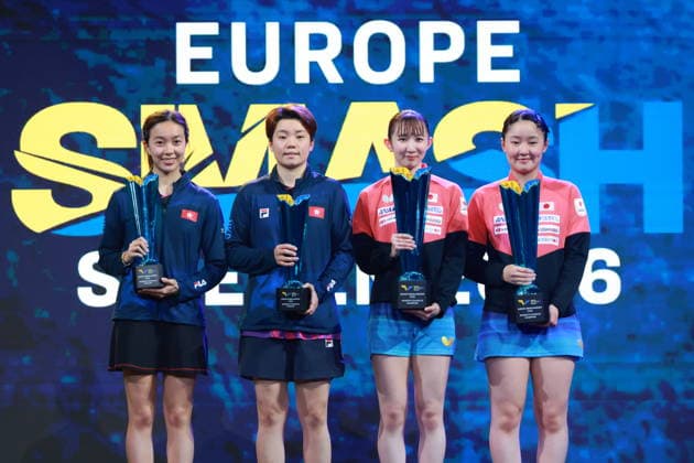 2026 WTT Europe Smash - Sweden - Main Draw - 15 August 2026 - Day 6 Miwa Harimoto and Hina Hayata of Japan, the winners, and Doo Hoi Kem and NG Wing Lam of Hong Kong, the runners-up, pose after the Women s Doubles Final at the 2026 Europe Smash at the Malmo Arena in Malmo, Sweden, on August 15, 2026. Malmo Sweden  Copyright: xRemyxGrosx originalFilename:gros-europesm260815_npjDe.jpg