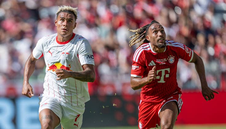 Laufduell zwischen Antonio Nusa (RB Leipzig, 07) und Sacha Boey (FC Bayern Muenchen, 23) GER, FC Bayern Muenchen vs. RB Leipzig, Fussball, Telekom-Cup, Testspiel, Spielzeit 2026 2027, 15.08.2026 (DFL DFB REGULATIONS PROHIBIT ANY USE OF PHOTOGRAPHS as IMAGE SEQUENCES and or QUASI-VIDEO). Foto: HMB Media Heike Feiner *** Running duel between Antonio Nusa (RB Leipzig, 07) and Sacha Boey (FC Bayern Munich, 23, GER), FC Bayern Munich vs. RB Leipzig, soccer, Telekom Cup, friendly match, 2026–2027 season, August 15, 2026 DFL DFB regulations prohibit any use of photographs as image sequences and or quasi-video. Photo: HMB Media, Heike Feiner Copyright: HMBxMedia HeikexFeiner