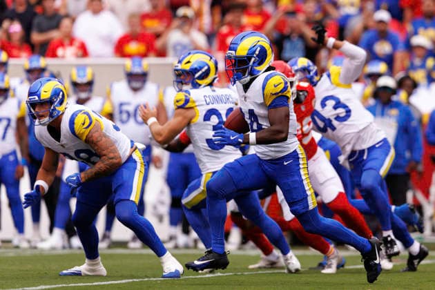 KANSAS CITY, MO - AUGUST 15: Los Angeles Rams wide receiver Konata Mumpfield (4) runs the ball during the first half against the Kansas City Chiefs on August 15th at Arrowhead Stadium in Kansas City, Missouri. (Photo by William Purnell Icon Sportswire) NFL, American Football Herren, USA AUG 15 Rams at Chiefs EDITORIAL USE ONLY Icon2026081501117