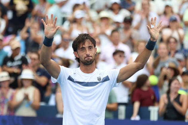 MASON, OHIO - AUGUST 15: Thiago Tirante of Argentina reacts after winning his match vs Novak Djokovic of Serbia during day five of the Cincinnati Open at the Lindner Family Tennis Center on August 15, 2026 in Mason, Ohio.  Copyright: xShainaxBenhiyoun SPPx Sportspressphoto_SPR207724