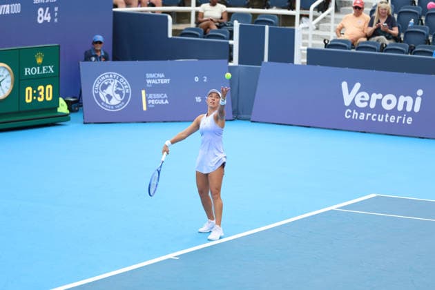 MASON, OHIO - AUGUST 15: Jessica Pegula of United States serves the ball during day five of the Cincinnati Open at the Lindner Family Tennis Center on August 15, 2026 in Mason, Ohio.  Copyright: xShainaxBenhiyoun SPPx Sportspressphoto_SPR207730