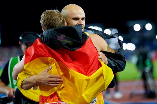 BIRMINGHAM, GREAT BRITAIN - AUGUST 15, 2026 : European champion in the javelin throw: Julian WEBER (GER Germany) and second place for Nick THUMM (GER Germany) during the European Athletics Championships at Alexander Stadium on August 15, 2026 in Birmingham, Great Britain. Great Britain Copyright: xLeahxKohringx