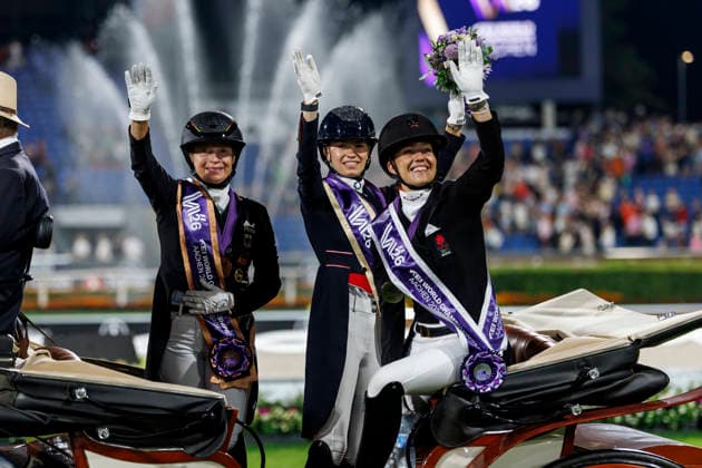 AACHEN - FEI World Championships 2026, AACHEN - FEI World Championships 2026 FRY Charlotte (GBR), LAUDRUP-DUFOUR Cathrine (DEN), WERTH Isabell (GER) Medal ceremony Medaillenvergabe FEI Dressage World Championship, WM, Weltmeisterschaft Freestyle Kür Individual Lindt Prize Aachen, Reitstadion Soers 15. August 2026 - *** AACHEN FEI World Championships 2026, AACHEN FEI World Championships 2026 FRY Charlotte GBR, Cathrine Laudrup Dufour (DEN), Isabell Werth (GER) Medal ceremony FEI Dressage World Championship Freestyle Individual Lindt Prize Aachen, Soers Equestrian Stadium, August 15, 2026