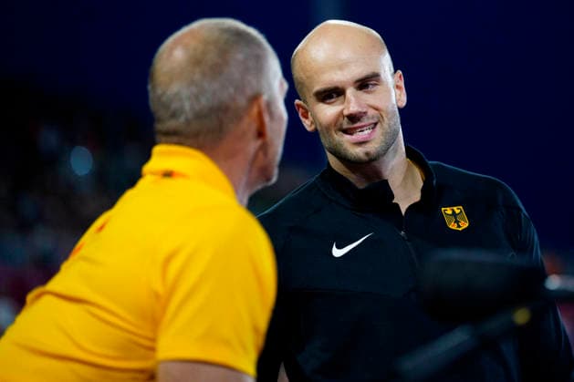 BIRMINGHAM, GREAT BRITAIN - AUGUST 15, 2026 : European champion in the javelin throw: Julian WEBER (GER Germany) with his coach during the European Athletics Championships at Alexander Stadium on August 15, 2026 in Birmingham, Great Britain. Great Britain Copyright: xLeahxKohringx