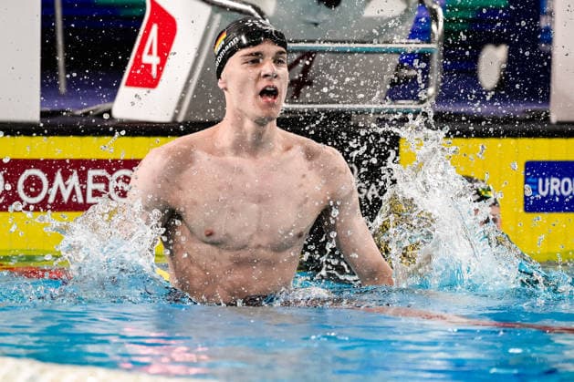 Johannes Liebmann of Germany celebrates after winning the gold medal, setting a new world record, in the Men™s 1500m Freestyle Final during the European Aquatics Championships at the Olympic Aquatic Center in Paris (France), August 15, 2026. Andrea Staccioli