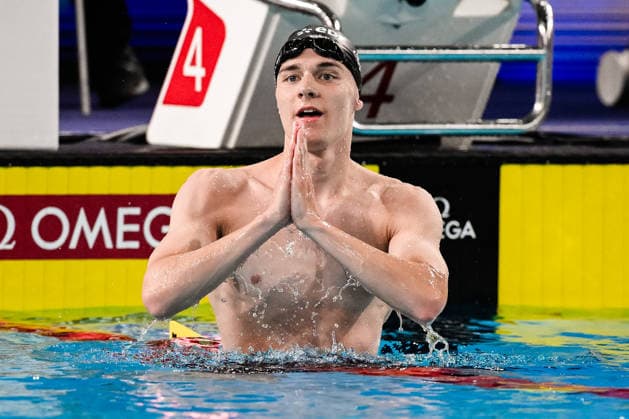 Johannes Liebmann of Germany celebrates after winning the gold medal, setting a new world record, in the Men™s 1500m Freestyle Final during the European Aquatics Championships at the Olympic Aquatic Center in Paris (France), August 15, 2026. Andrea Staccioli