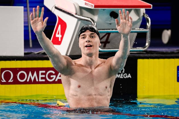 Johannes Liebmann of Germany celebrates after winning the gold medal, setting a new world record, in the Men™s 1500m Freestyle Final during the European Aquatics Championships at the Olympic Aquatic Center in Paris (France), August 15, 2026. Andrea Staccioli