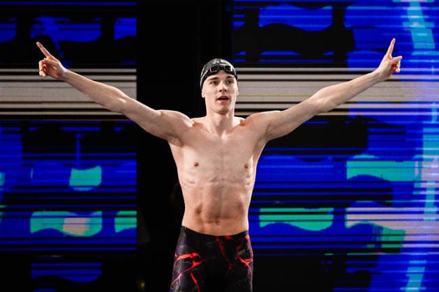 Johannes Liebmann of Germany celebrates after winning the gold medal, setting a new world record, in the Men™s 1500m Freestyle Final during the European Aquatics Championships at the Olympic Aquatic Center in Paris (France), August 15, 2026. Andrea Staccioli
