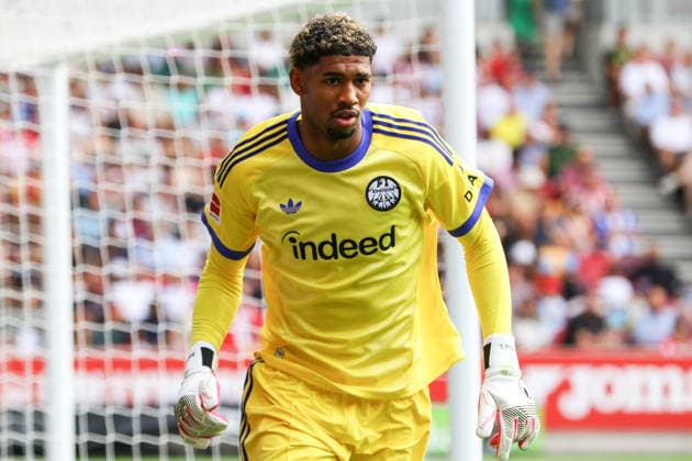 LONDON, ENGLAND - AUGUST 15: Goalkeeper Kaua Santos of Eintracht Frankfurt during the pre-season friendly match between Brentford and Eintracht Frankfurt at Gtech Community Stadium on August 15, 2026 in London, England.  Copyright: xSeanxChandlerx xSPPx Sportspressphoto_SPR207865