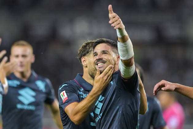 Torino FC v US Carrarese - Coppa Italia Giovanni Simeone of Torino FC celebrates scoring the 1-0 goal during the round of 64 of the Coppa Italia FrecciaRossa, a match between Torino FC and Carrarese Calcio 1909, at the Grande Torino stadium in Turin, Italy, on August 15, 2026. Torino Italy  Copyright: xAndreaxxAmatox originalFilename:amato-notitle260815_np0jI.jpg